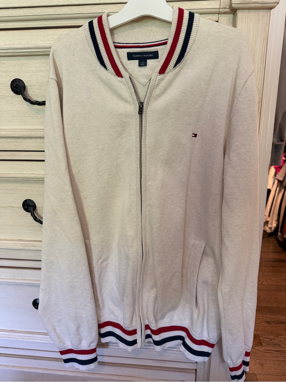 Tommy Hilfiger Cream Zip-Up Cardigan with Stripe Trim